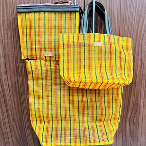 Consuela set of Three Vibrant Yellow Plaid Tote Bags.